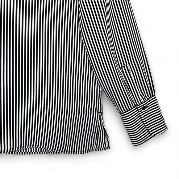 Ann Taylor Striped Button Down Collarless Shirt Size L Black White Stripes - Picture 7 of 9